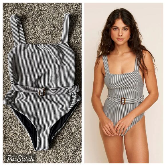 Zonarch A La Holiday Swimsuit Womens XL Black White Striped Belted One Piece - Picture 1 of 9